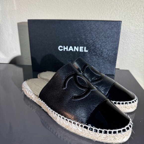 CHANEL Black Patent CC Backless Double Sole Espadrille Slide Mule Flat 41 - Picture 10 of 11